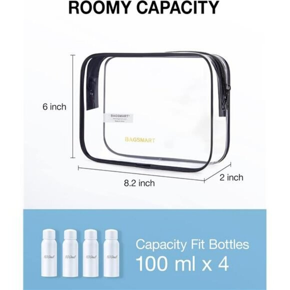 BAGSMART Clear Toiletry Bags 2 Pack TSA Approved Travel Makeup Quart Size - Picture 3 of 7